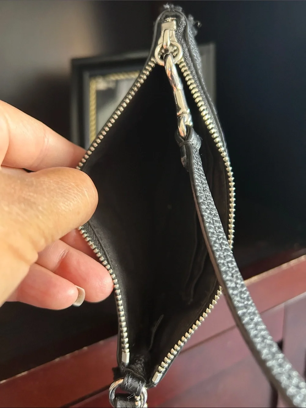 Coach Black Pebbled Leather Wristlet with Shearling Edge
